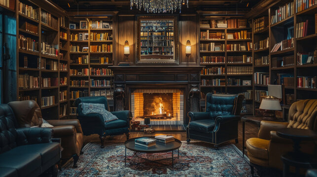 Cozy library room with fireplace and vintage bookshelves