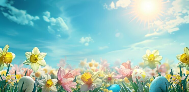 A vibrant Easter background featuring daffodils and colorful eggs, with the sun shining brightly in the sky Generative AI