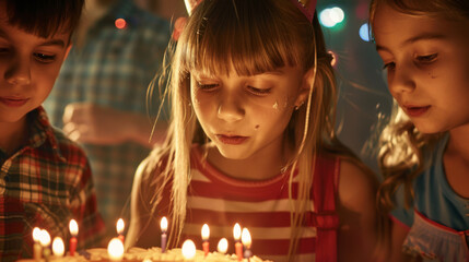 Three children gather around a birthday cake, one making a wish before blowing out the candles.