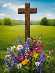 Embrace the beauty of new life and renewal with a vibrant springtime scene featuring a cross in a meadow. 