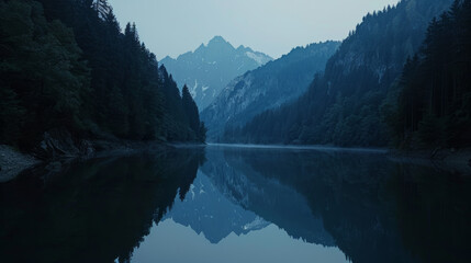 Misty mountain lake with reflection in the Black Forest at dusk - obrazy, fototapety, plakaty