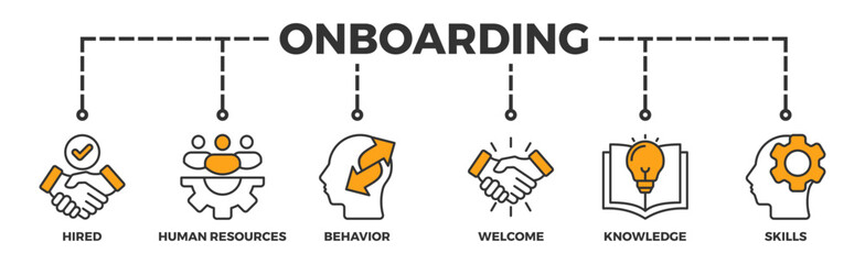 Onboarding banner web icon vector illustration concept for human resources business industry to introduce newly hired employee into an organization with behavior, welcome, knowledge, and skills icon