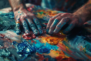Hands immersed in vibrant paint on an artist's palette