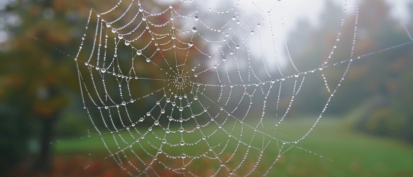 Closeup of dewdrops on a spider web with a blurred or bokeh background of a foggy
