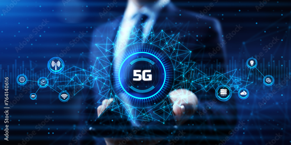 Poster 5g high-speed internet connection concept. businessman pressing button on screen.