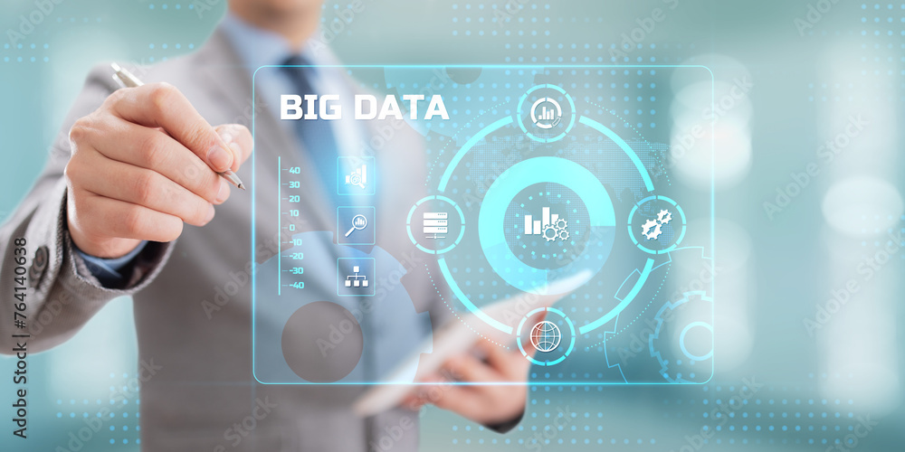 Poster big data analysis analytics internet technology concept. businessman pressing button on screen.