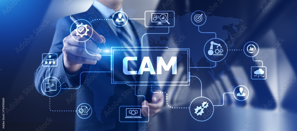 Poster cam computer-aided manufacturing software system. businessman pressing button on screen.