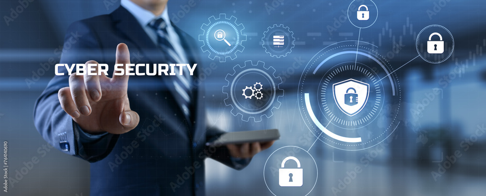 Poster cyber security access control data protection personal information privacy concept. businessman pres