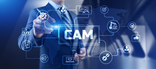 CAM Computer-aided manufacturing software system. Businessman pressing button on screen.