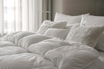 Inviting hotel bedroom with plush white bedding and soft lighting