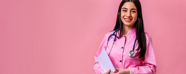 young female doctor in a pink uniform with a stethoscope and a folder in her hands on a pink background. healthcare medicine. banner