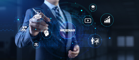 Webinar online learning education concept. Businessman pressing button on screen.