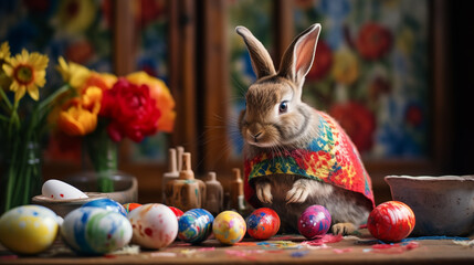 Fototapeta na wymiar Easter Bunny with Painted Eggs and Spring Flowers Generative AI