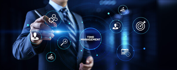 Time management planning productivity business concept. Businessman pressing button.