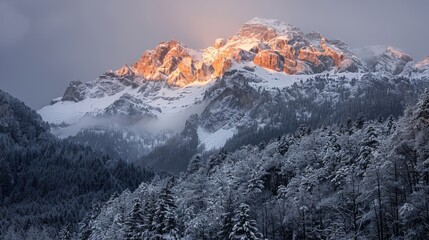 Sunset in the mountains, snow mountains