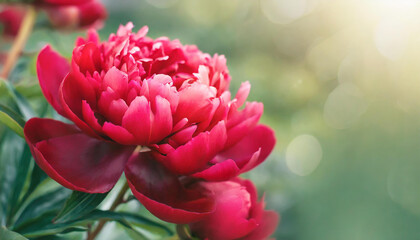 Naklejka premium Elegant red peonies. Cute flowers. Spring season. Beautiful floral banner with blurred background