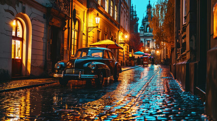 Vintage car park at old street in Prague city in a rainy night.
