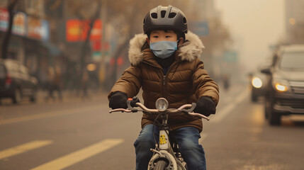 Naklejka premium A young boy wearing a bike helmet and face mask rides confidently along a bustling street in hazy urban conditions..