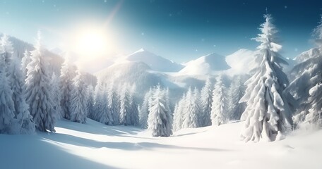 Pine trees in mountains and falling snow in fairy tale winter sunny morning. Soft ligth effect