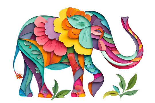Colorful elephant in paper cut style on white background
