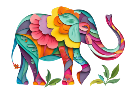 Colorful elephant in paper cut style on white background
