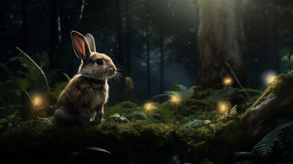 Enchanted Forest Scene with a Rabbit and Fireflies at Night Generative AI - obrazy, fototapety, plakaty