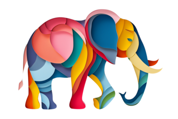 Colorful elephant in paper cut style on white background
