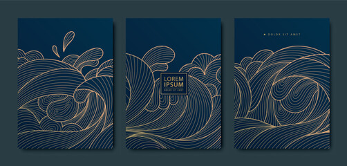 Vector set of japanese sea wave backgrounds, ocean water art, line oriental line illustrations. Graphic vintage seascape. Gold on blue