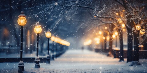 Snowy Night With Street Lights and Lamps Generative AI