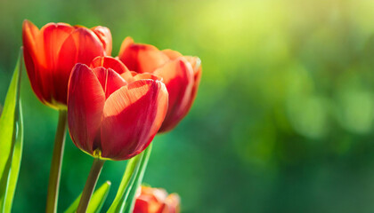 Elegant red tulips. Cute flowers. Spring season. Beautiful floral banner with blurred green background