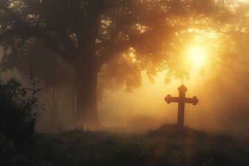 Misty forest at dawn with a silhouette of a cross emerging from the fog, symbolizing hope and revelation in nature.
