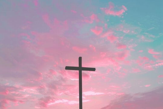 Minimalistic design of a cross silhouette with a pastel-colored sky in the background, emphasizing simplicity and purity.