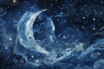 Moon goddess surrounded by stars and night sky.