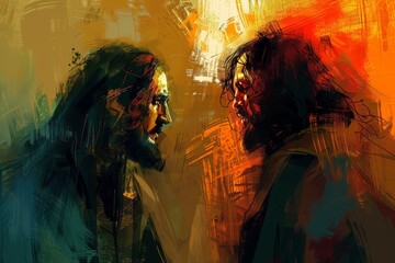 Poignant digital painting illustrating Jesus Christ's moment of betrayal by Judas, capturing the tension and emotion of the scene. - obrazy, fototapety, plakaty