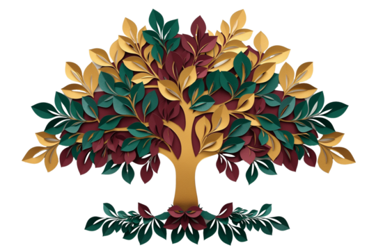 Gold red paper cut style in tree shape on transparent background