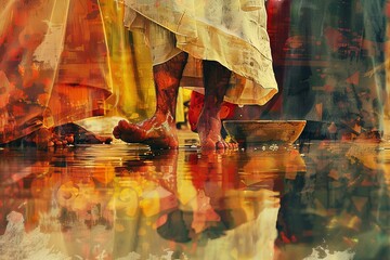 Reflective digital painting showcasing Jesus Christ's foot washing ceremony, symbolizing humility and service.