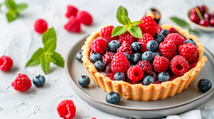 Berry Tart. Delicious berry tart with jellied and fresh raspberries and blueberries. Summer low...