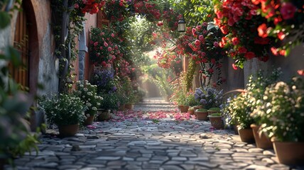 Charming cobblestone path adorned with blooming flowers in a picturesque floral street