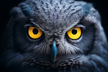 Majestic great gray owl portrait with neon blue eyes symbol of nature freedom and mystery