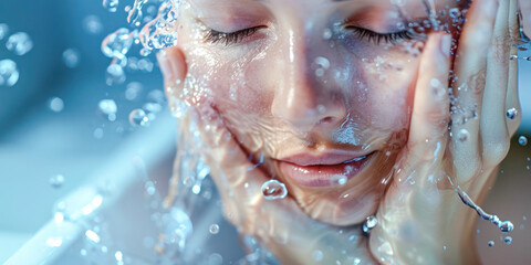 Refreshing Facial Cleanse with Water. A close-up of a woman's face being splashed with water, capturing the moment of refreshment and purity. 