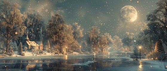 Snowflake adorned village, moon casting serene light on trees, front angle clean sharp focus - obrazy, fototapety, plakaty