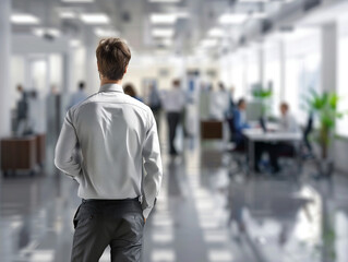Fototapeta premium Back view of a businessman overlooking a bright, bustling office setting