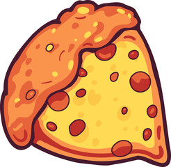 Pizza slice with melted cheese and pepperoni. Vector cartoon sticker in comic style with contour. Design element food for greeting card