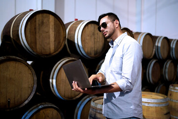 Professional man winemaker or owner working and inspecting wine quality in wine cellar with wooden...