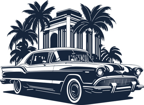 Classic american car style. Vintage vehicle vector illustration. Modern print design of retro machine.
