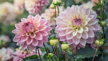 Fototapeta premium Blooming soft dahlia flowers. Spring season. Floral artistic concept. Selective focus. Natural banner