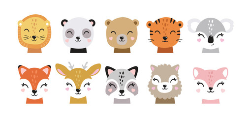 Cartoon cute baby animals for baby cards, baby shower invitation,print,poster. Vector illustration.Deer,cat, bunny,koala,llama,alpaca, raccoon,fox,unicorn, wolf,bear,lion,panda,tiger,dog,rabbit,hare