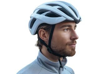 Side view of man wearing bicycle helmet on transparent background - obrazy, fototapety, plakaty