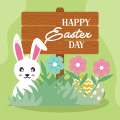 Easter Day with wood board,rabbit, flowers, and eggs background. Vector illustration.