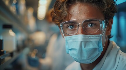 Man in white doctoruniform, glasses, mask, standing in office, clinic.
